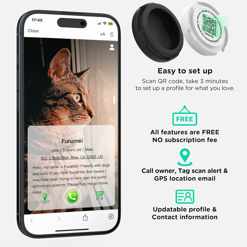 GPS Tracker Cat Collar with Airtag Case & QR code